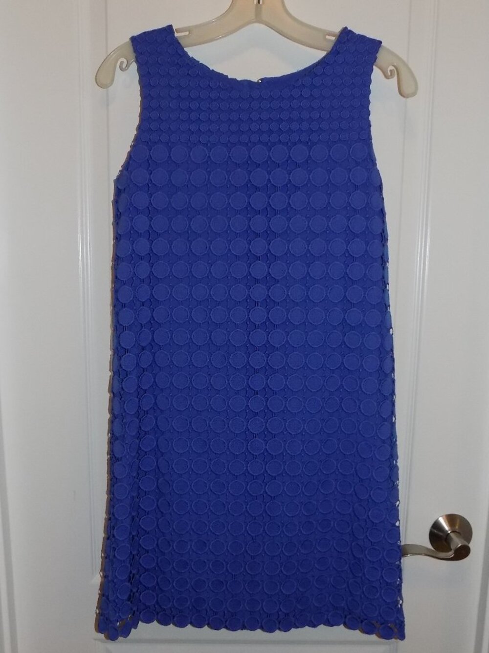 TALBOTS Blue Crochet Sheath Dress 12 Circle Sleeveless Gold Zipper Accent